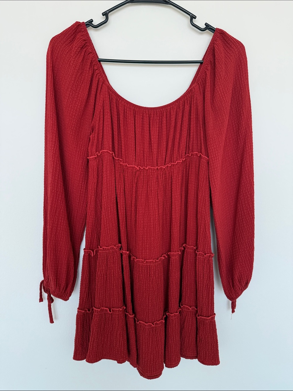 Lush Red Long-Sleeve Tiered Peasant Dress